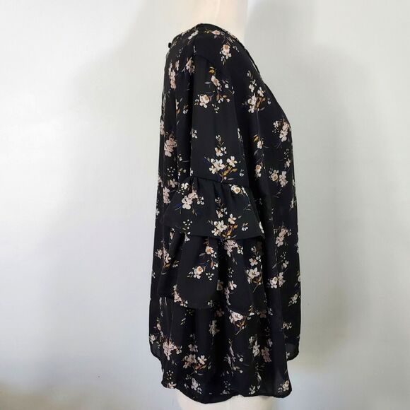 Moa Moa Shirt Top Flowy Black Floral Womens Plus Size 1X Layered Sleeve Keyhole - Picture 6 of 14